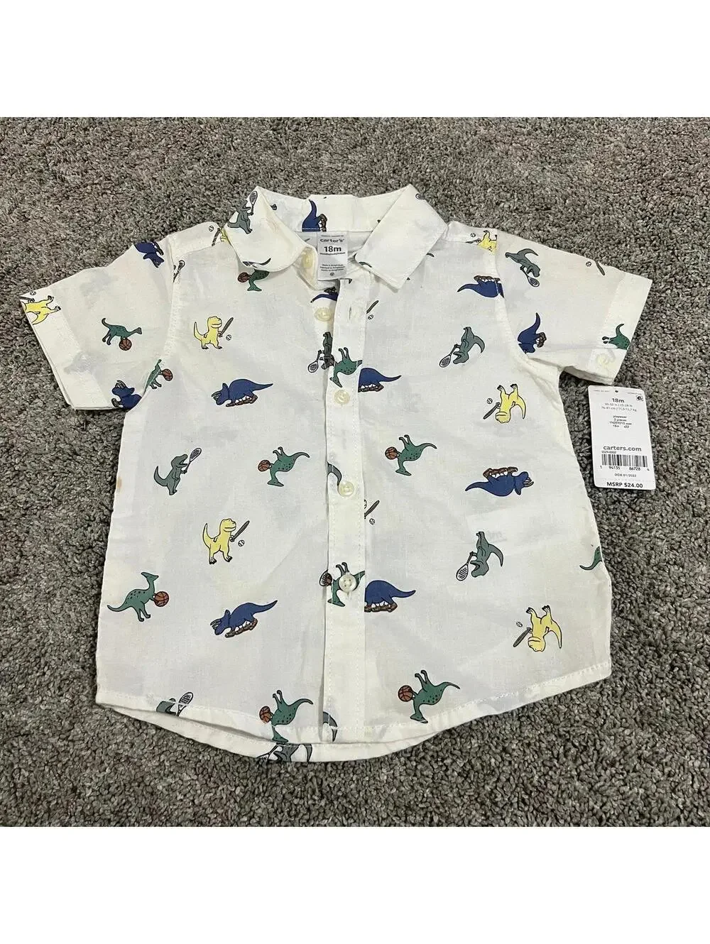Carter's Baby Boys Dino Shortsleeve Button Down size 18 months
